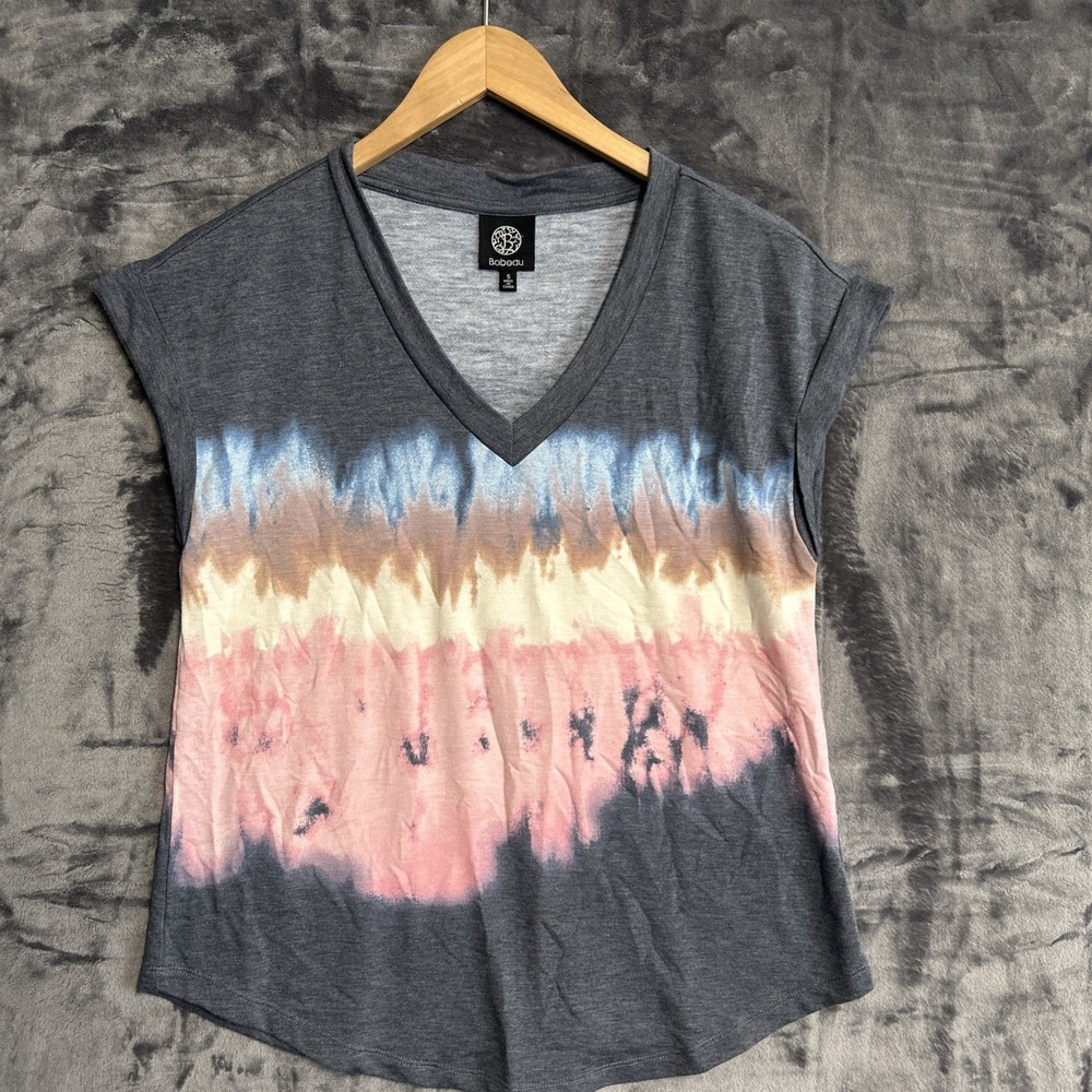 Bobeau Women's Small Tie Dye V Neck T Shirt Colorful Boho Soft Stretch Flaw